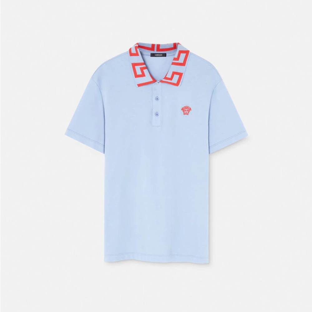 ISO!!! Versace Men’s Greca collar Medusa polo shirt in blue hydrangea coral